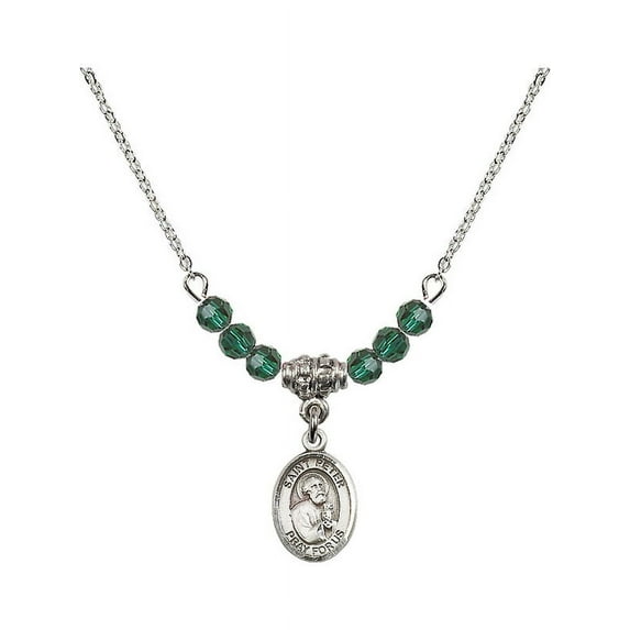 18-Inch Rhodium Plated Necklace with 4mm Green May Birth Month Stone Beads and Saint Peter the Apostle Charm