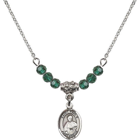 18-Inch Rhodium Plated Necklace with 4mm Green May Birth Month Stone Beads and Saint Pius X Charm