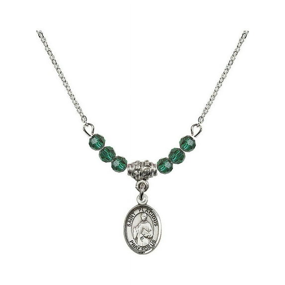 18-Inch Rhodium Plated Necklace with 4mm Green May Birth Month Stone Beads and Saint Placidus Charm