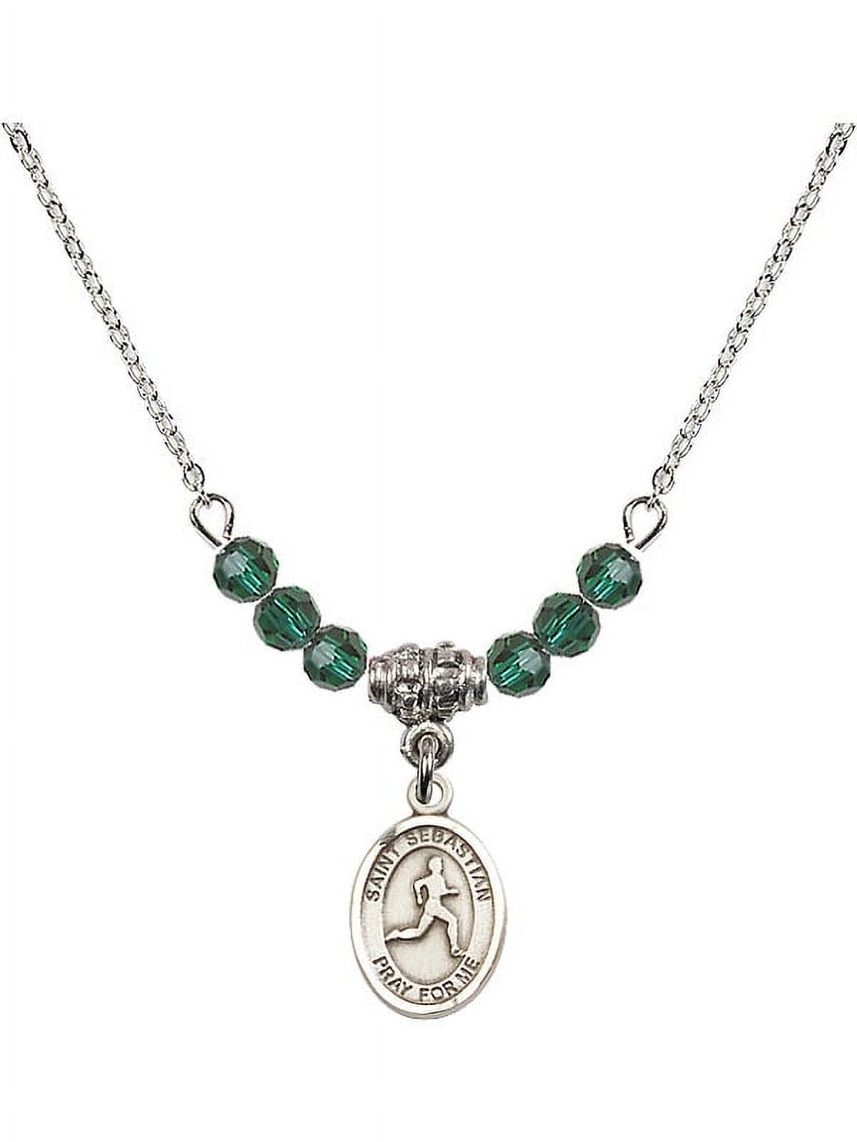 18-Inch Rhodium Plated Necklace with 4mm Green May Birth Month Stone Beads and Saint Sebastian/Track & Field Charm