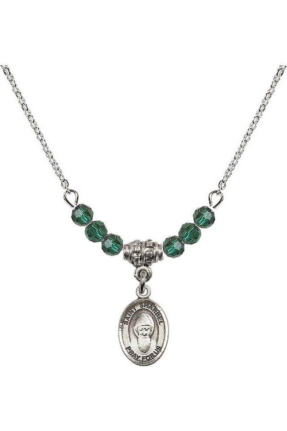 18-Inch Rhodium Plated Necklace with 4mm Green May Birth Month Stone Beads and Saint Sharbel Charm