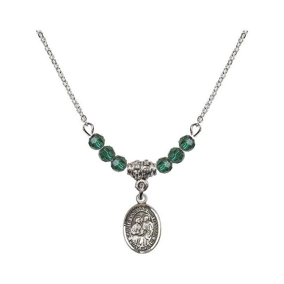 18-Inch Rhodium Plated Necklace with 4mm Green May Birth Month Stone Beads and Saints Cosmas & Damian Charm