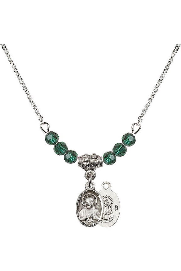 18-Inch Rhodium Plated Necklace with 4mm Green May Birth Month Stone Beads and Scapular Charm