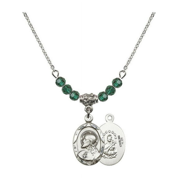 18-Inch Rhodium Plated Necklace with 4mm Green May Birth Month Stone Beads and Scapular Charm
