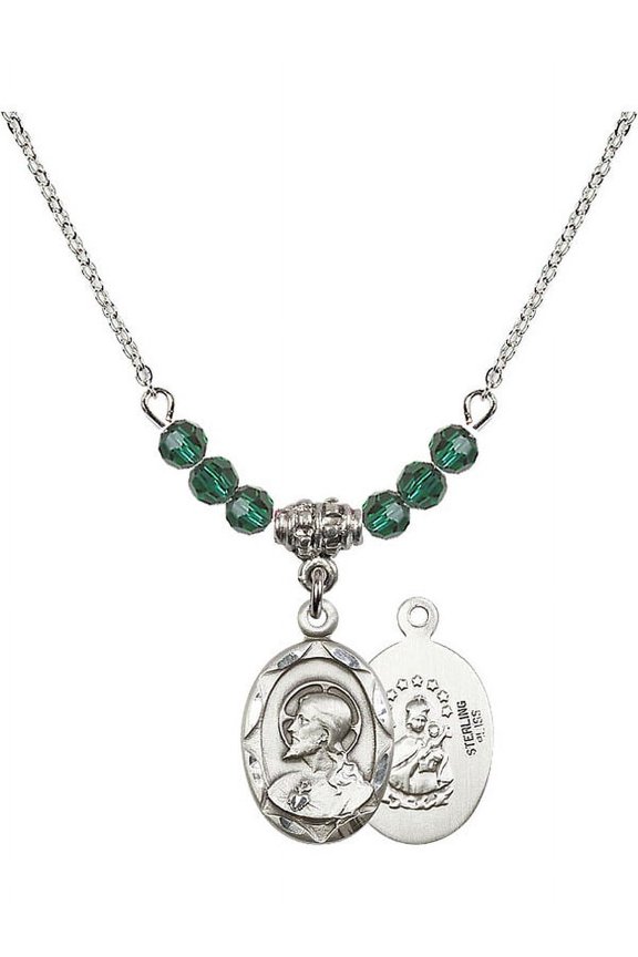 18-Inch Rhodium Plated Necklace with 4mm Green May Birth Month Stone Beads and Scapular Charm
