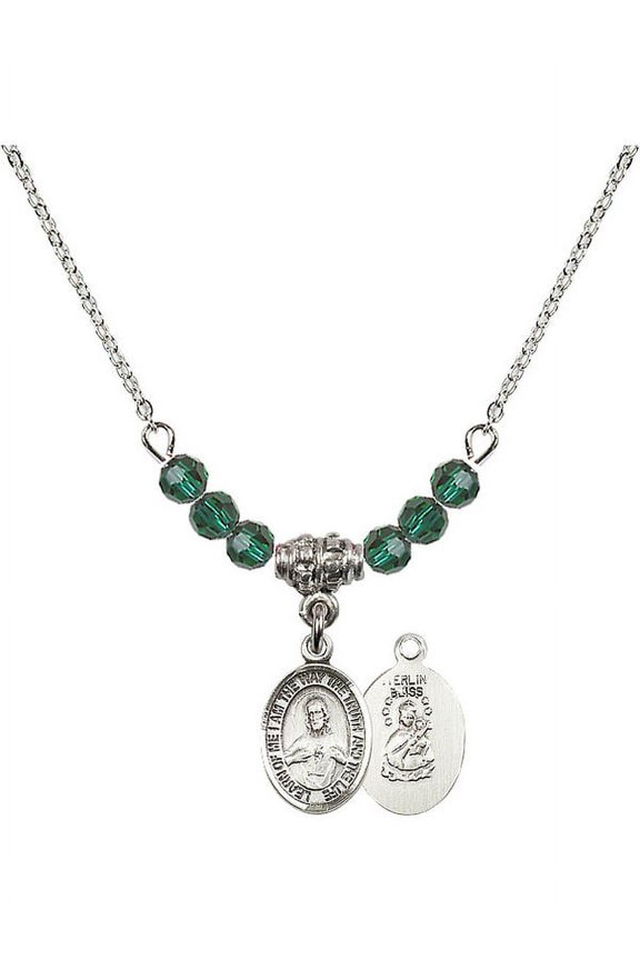 18-Inch Rhodium Plated Necklace with 4mm Green May Birth Month Stone Beads and Scapular Charm