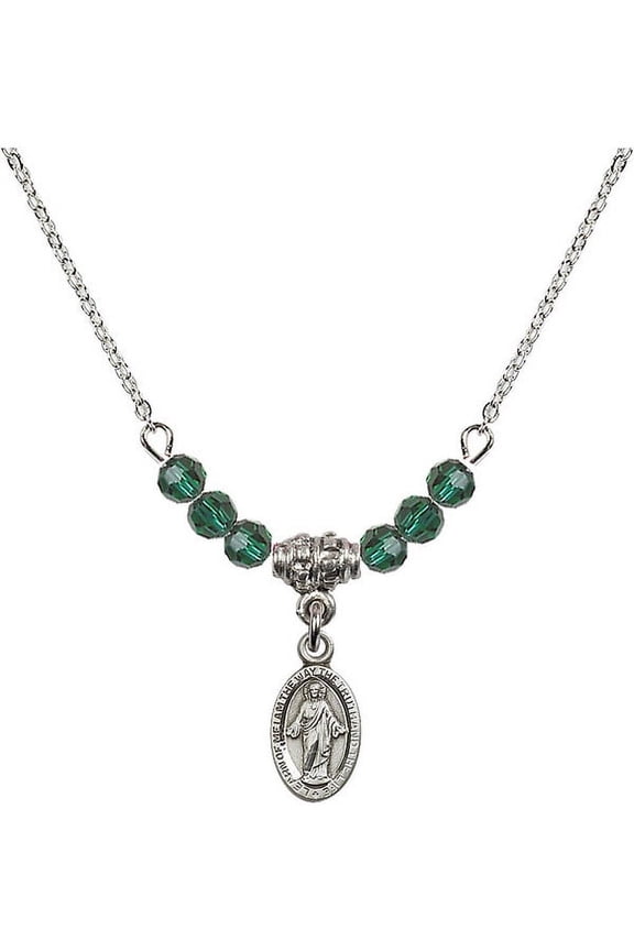 18-Inch Rhodium Plated Necklace with 4mm Green May Birth Month Stone Beads and Scapular Charm