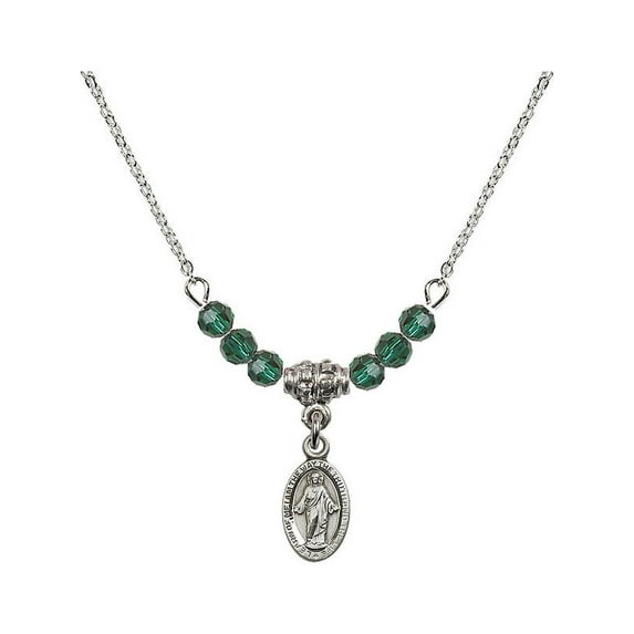 18-Inch Rhodium Plated Necklace with 4mm Green May Birth Month Stone Beads and Scapular Charm