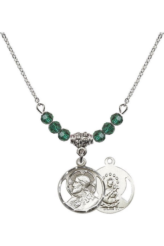 18-Inch Rhodium Plated Necklace with 4mm Green May Birth Month Stone Beads and Scapular Charm