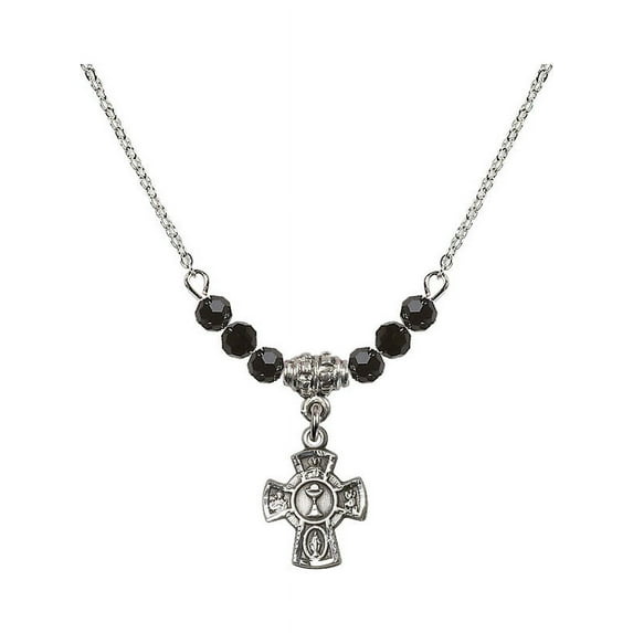 18-Inch Rhodium Plated Necklace with 4mm Jet Birth Month Stone Beads and 5-Way / Chalice Charm