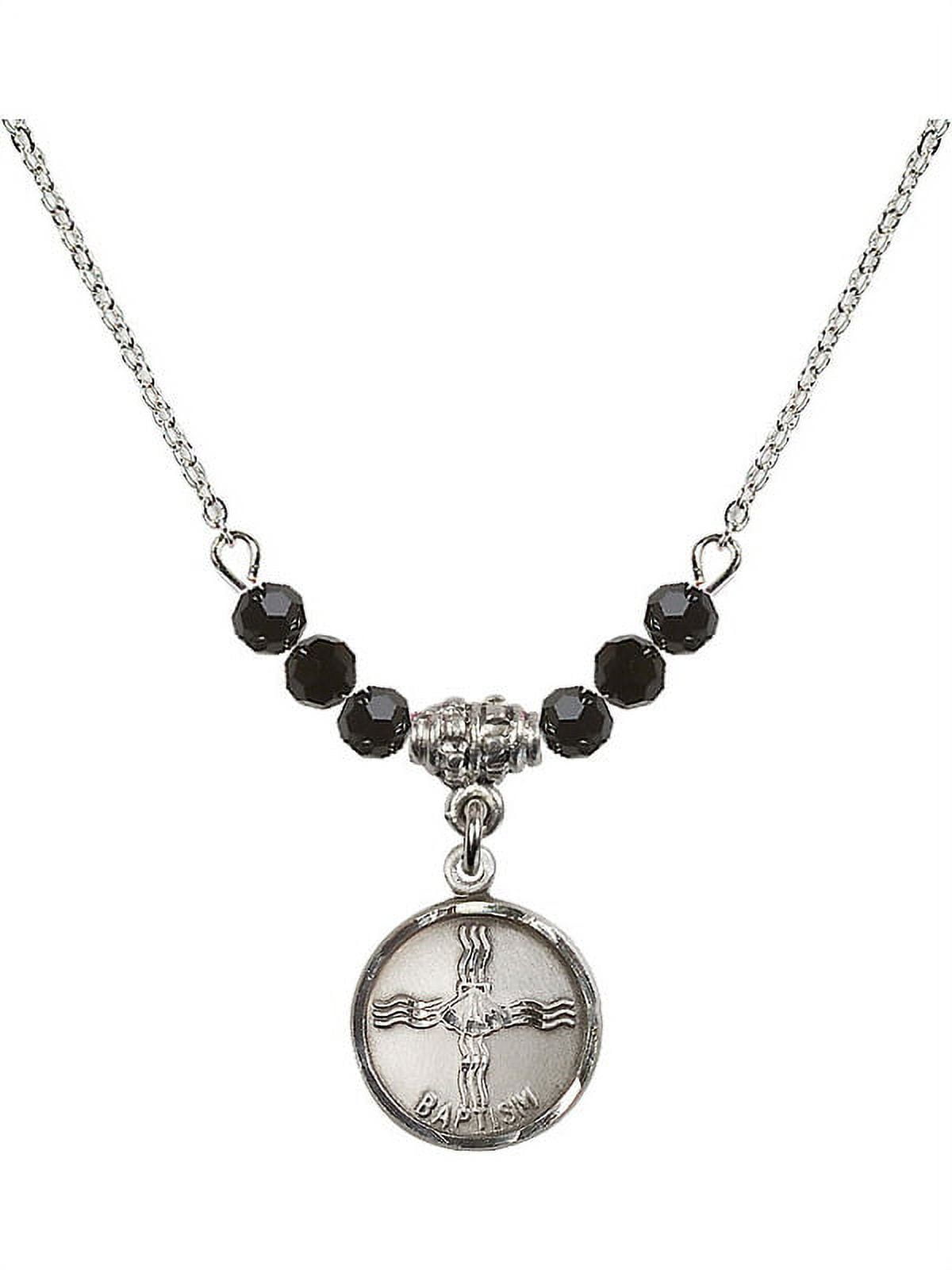 18-Inch Rhodium Plated Necklace with 4mm Jet Birth Month Stone Beads and Baptism Charm