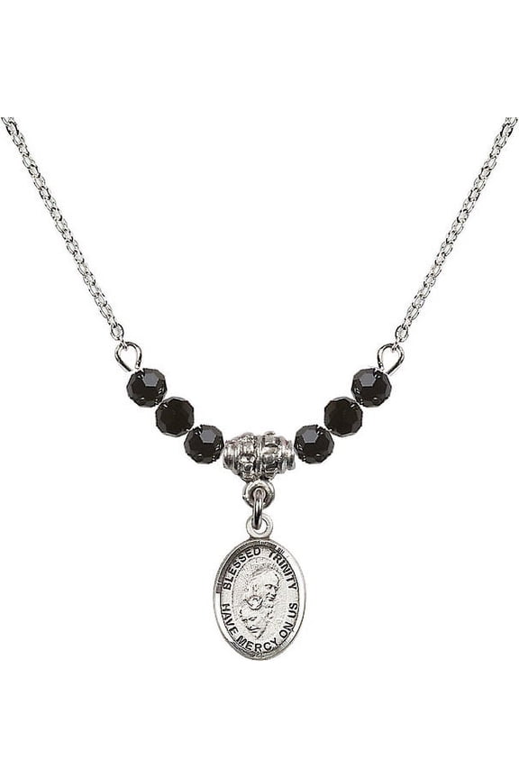 18-Inch Rhodium Plated Necklace with 4mm Jet Birth Month Stone Beads and Blessed Trinity Charm