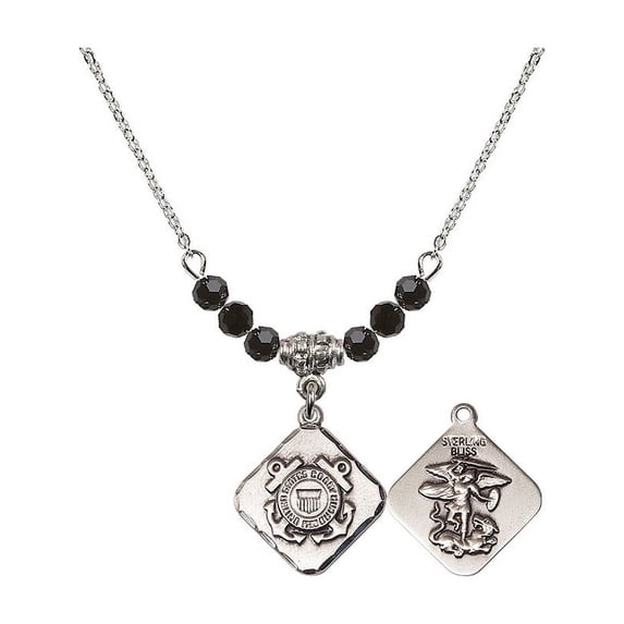 18-Inch Rhodium Plated Necklace with 4mm Jet Birth Month Stone Beads and Coast Guard Diamond Charm