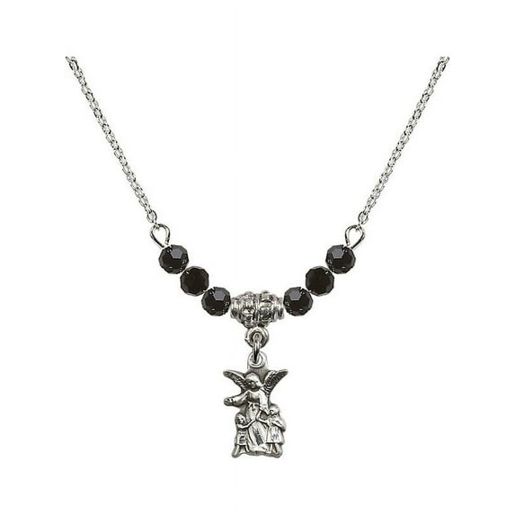 18-Inch Rhodium Plated Necklace with 4mm Jet Birth Month Stone Beads and Guardian Angel Charm