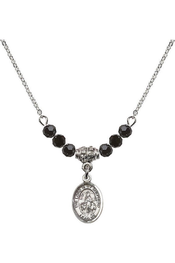 18-Inch Rhodium Plated Necklace with 4mm Jet Birth Month Stone Beads and Lord Is My Shepherd Charm