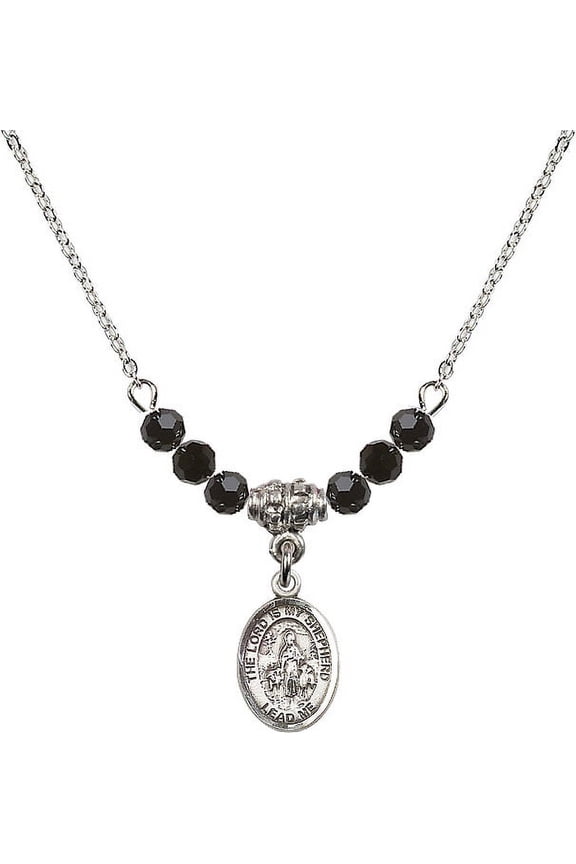 18-Inch Rhodium Plated Necklace with 4mm Jet Birth Month Stone Beads and Lord Is My Shepherd Charm