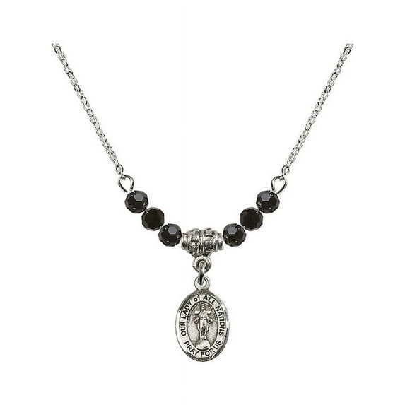 18-Inch Rhodium Plated Necklace with 4mm Jet Birth Month Stone Beads and Our Lady of All Nations Charm