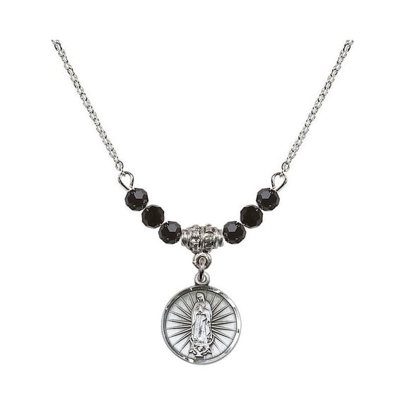 18-Inch Rhodium Plated Necklace with 4mm Jet Birth Month Stone Beads and Our Lady of Guadalupe Charm