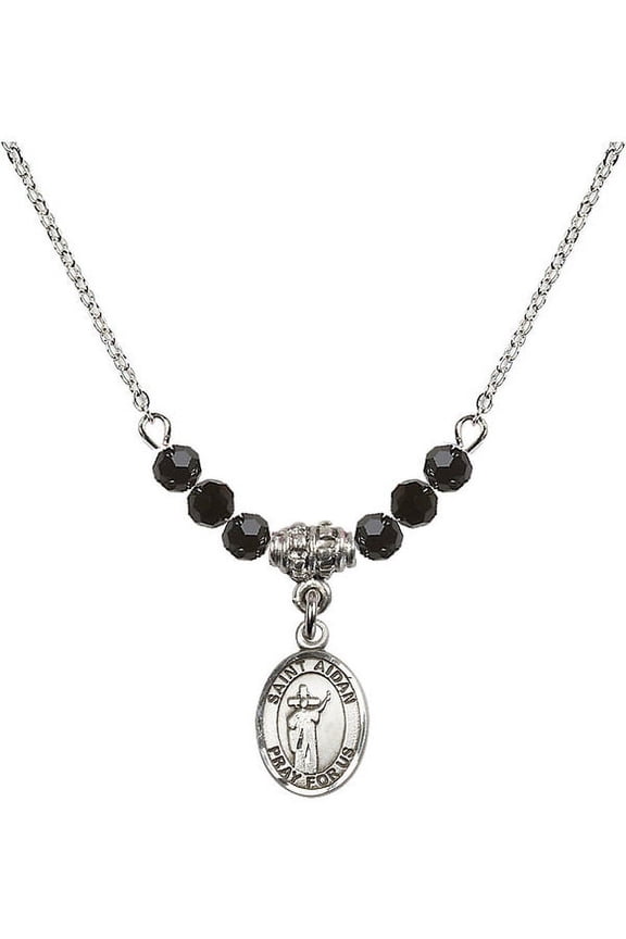 18-Inch Rhodium Plated Necklace with 4mm Jet Birth Month Stone Beads and Saint Aidan of Lindesfarne Charm