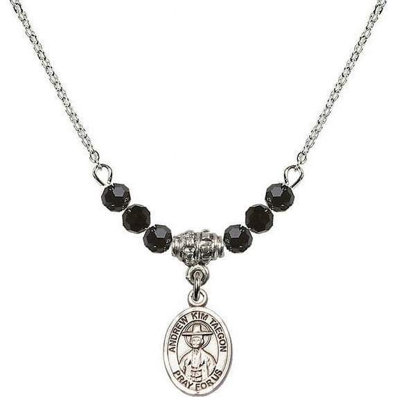 18-Inch Rhodium Plated Necklace with 4mm Jet Birth Month Stone Beads and Saint Andrew Kim Taegon Charm