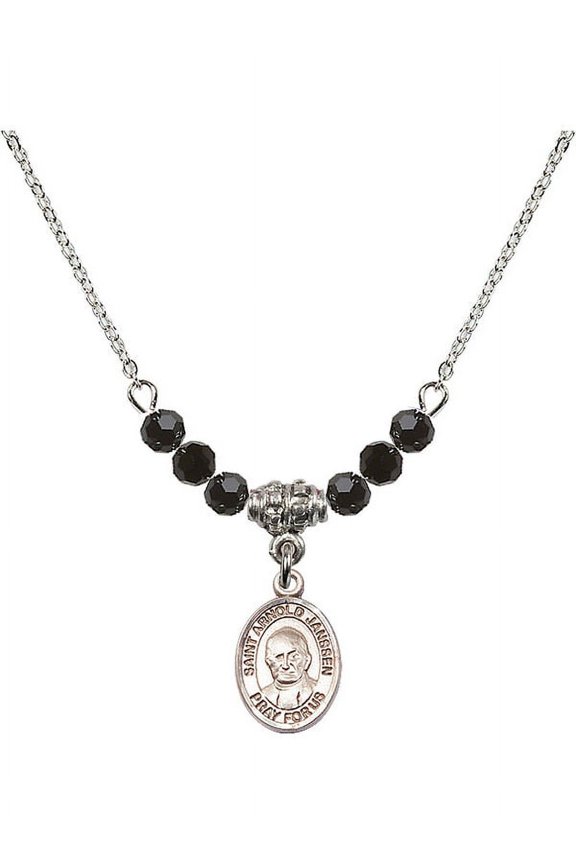18-Inch Rhodium Plated Necklace with 4mm Jet Birth Month Stone Beads and Saint Arnold Janssen Charm
