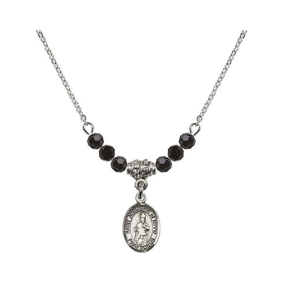 18-Inch Rhodium Plated Necklace with 4mm Jet Birth Month Stone Beads and Saint Augustine of Hippo Charm