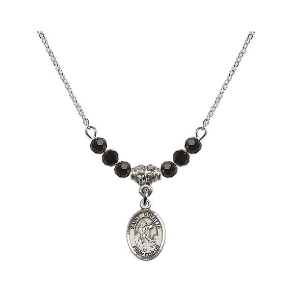 18-Inch Rhodium Plated Necklace with 4mm Jet Birth Month Stone Beads and Saint Colette Charm