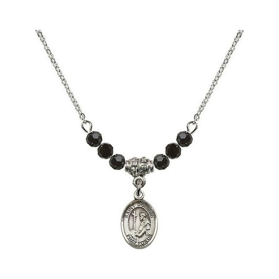 18-Inch Rhodium Plated Necklace with 4mm Jet Birth Month Stone Beads and Saint Dominic de Guzman Charm