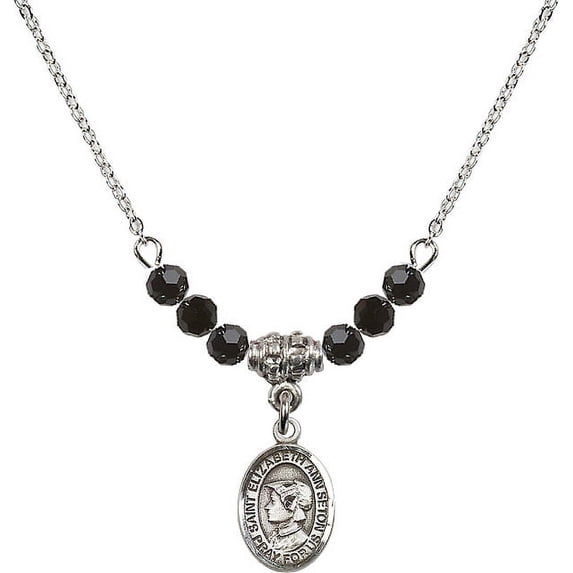 18-Inch Rhodium Plated Necklace with 4mm Jet Birth Month Stone Beads and Saint Elizabeth Ann Seton Charm