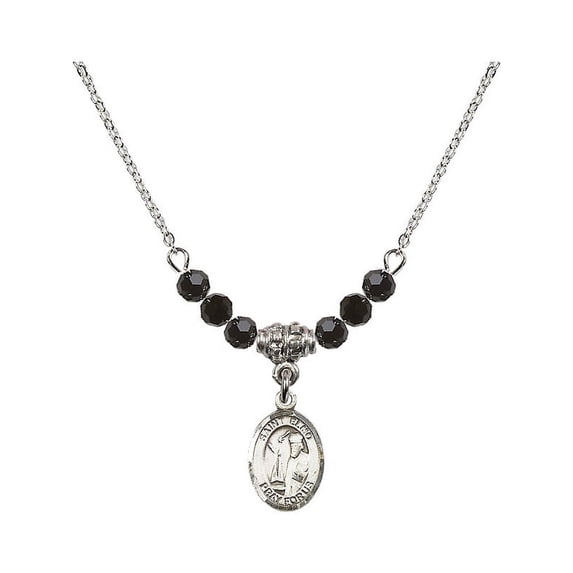 18-Inch Rhodium Plated Necklace with 4mm Jet Birth Month Stone Beads and Saint Elmo Charm