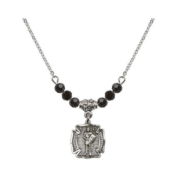 18-Inch Rhodium Plated Necklace with 4mm Jet Birth Month Stone Beads and Saint Florian Charm