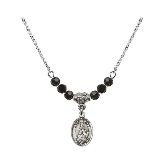 18-Inch Rhodium Plated Necklace with 4mm Jet Birth Month Stone Beads and Saint Giles Charm