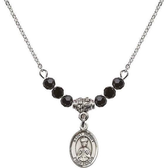 18-Inch Rhodium Plated Necklace with 4mm Jet Birth Month Stone Beads and Saint Henry II Charm