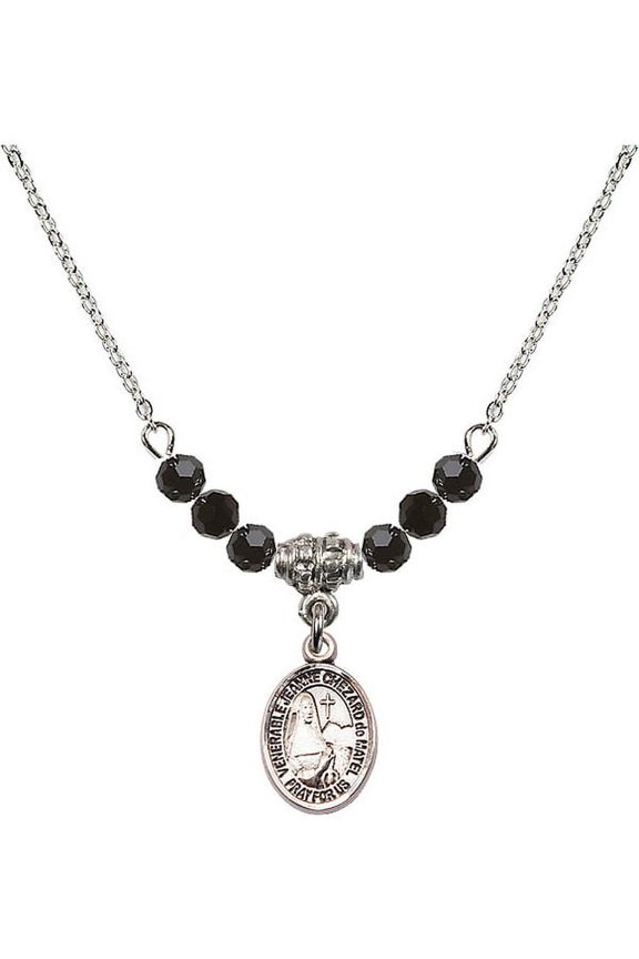 18-Inch Rhodium Plated Necklace with 4mm Jet Birth Month Stone Beads and Saint Jeanne Chezard de Matel Charm
