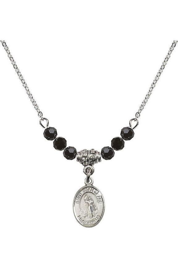 18-Inch Rhodium Plated Necklace with 4mm Jet Birth Month Stone Beads and Saint Joan of Arc Charm