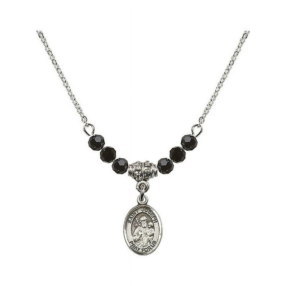 18-Inch Rhodium Plated Necklace with 4mm Jet Birth Month Stone Beads and Saint Joseph Charm
