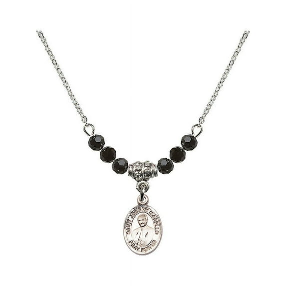 18-Inch Rhodium Plated Necklace with 4mm Jet Birth Month Stone Beads and Saint Joseph Marello Charm