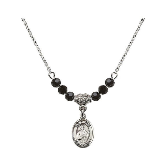 18-Inch Rhodium Plated Necklace with 4mm Jet Birth Month Stone Beads and Saint Jude Thaddeus Charm