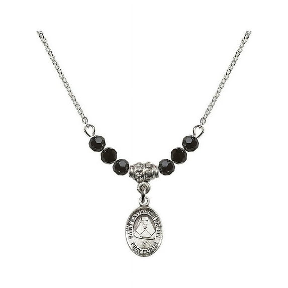 18-Inch Rhodium Plated Necklace with 4mm Jet Birth Month Stone Beads and Saint Katharine Drexel Charm