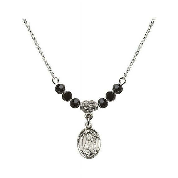 18-Inch Rhodium Plated Necklace with 4mm Jet Birth Month Stone Beads and Saint Martha Charm