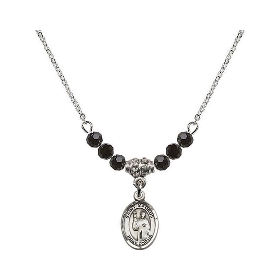 18-Inch Rhodium Plated Necklace with 4mm Jet Birth Month Stone Beads and Saint Maurus Charm
