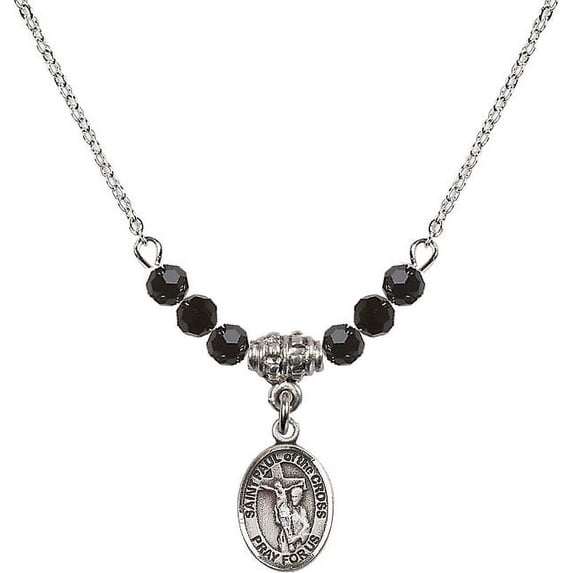 18-Inch Rhodium Plated Necklace with 4mm Jet Birth Month Stone Beads and Saint Paul of the Cross Charm