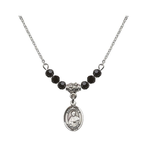 18-Inch Rhodium Plated Necklace with 4mm Jet Birth Month Stone Beads and Saint Pius X Charm