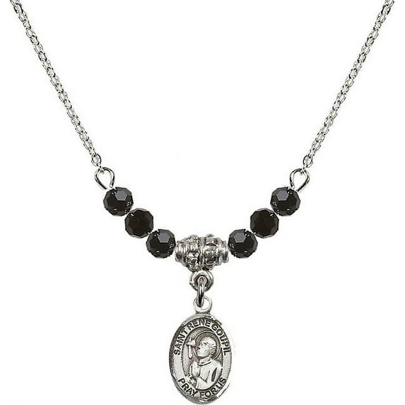 18-Inch Rhodium Plated Necklace with 4mm Jet Birth Month Stone Beads and Saint Rene Goupil Charm