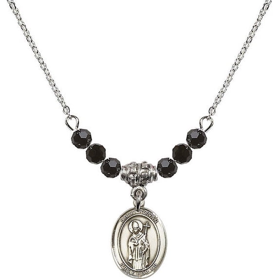 18-Inch Rhodium Plated Necklace with 4mm Jet Birth Month Stone Beads and Saint Ronan Charm