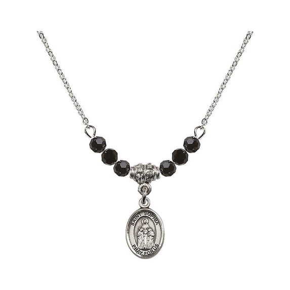 18-Inch Rhodium Plated Necklace with 4mm Jet Birth Month Stone Beads and Saint Sophia Charm