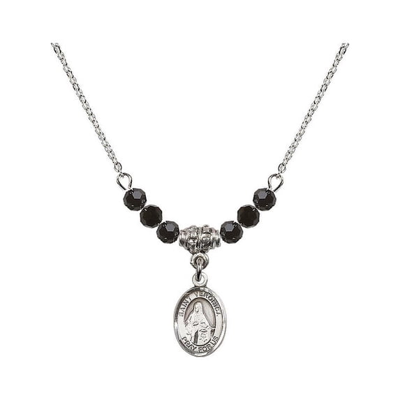 18-Inch Rhodium Plated Necklace with 4mm Jet Birth Month Stone Beads and Saint Veronica Charm