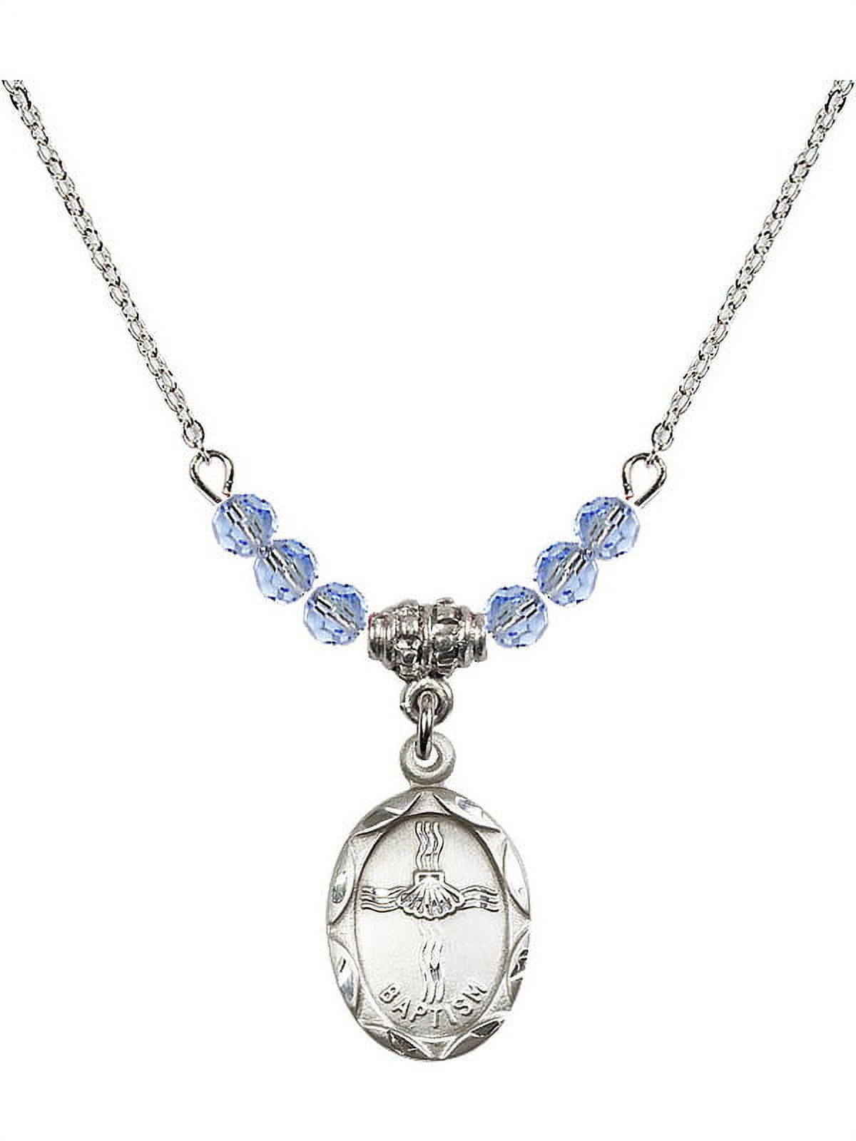 18-Inch Rhodium Plated Necklace with 4mm Light Blue September Birth Month Stone Beads and Baptism Charm