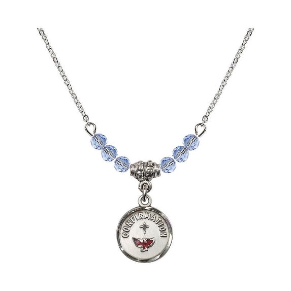 18-Inch Rhodium Plated Necklace with 4mm Light Blue September Birth Month Stone Beads and Confirmation Charm