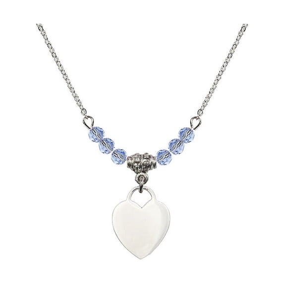 18-Inch Rhodium Plated Necklace with 4mm Light Blue September Birth Month Stone Beads and Heart Charm
